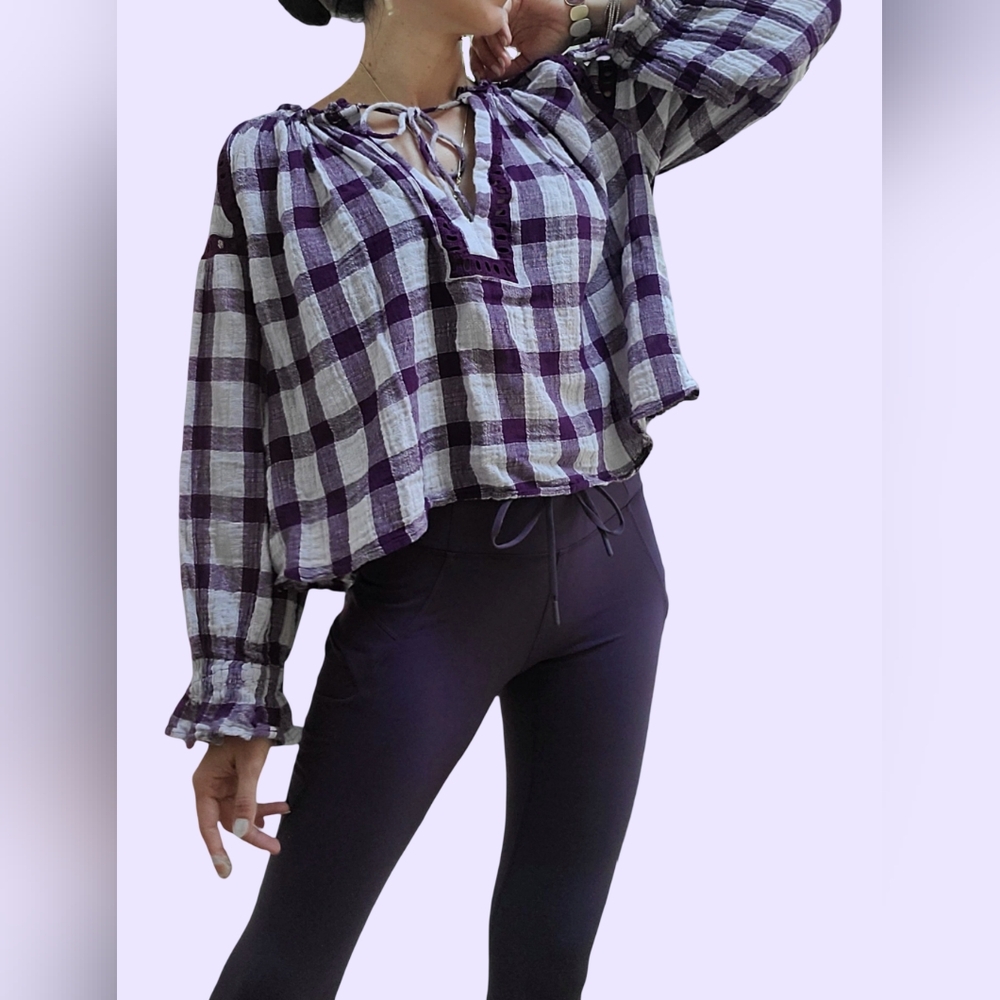 Free People Honey Grove Purple Plum Plaid Boho Tassels Women's Top - Picture 3 of 8